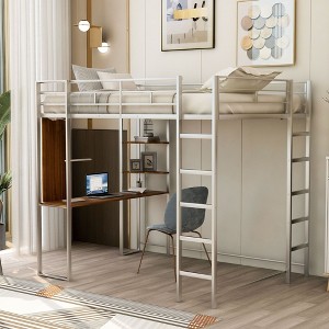 NicBex Full Size Bunk Bed with Desk Metal Frame Bed Frame with 2 Shelves, Full Length Guardrails and 2 Ladders, No Box Spring Required - 1 of 4