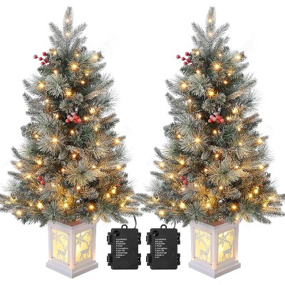 3FT Pre-Lit Snow Flocked Artificial Christmas Tree with 78 Warm White LED Lights, 8 Lighting Modes, Battery Operated, Cement Pot Base
