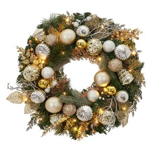 24" Christmas Wreath with Lights for Front Door, Pre-Lit Christmas Wreath, Lighted Xmas Door Wreath with Ball Ornaments for Christmas Decor - 1 of 4