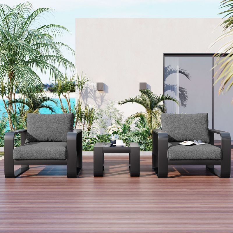 3PCS Outdoor Patio Conversation Set with Coffee Table and Two Chairs with 6.7" Thick Cushions, Gray, 4A -ModernLuxe, 2 of 14