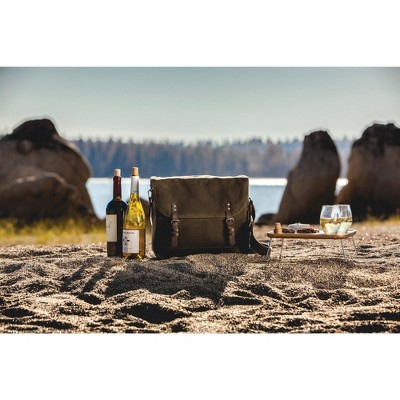 Khaki Green Waxed Canvas Wine Tote with Acacia Table