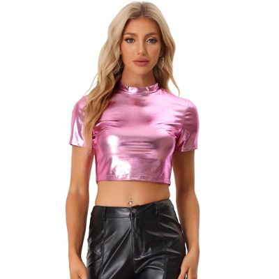 Allegra K Women's Party Short Sleeve Mock Neck Metallic Crop Top Pink ...