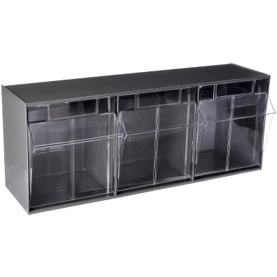 Quantum Storage Systems Tip Out Bin, (3) Compartment, Handle With Label Slot, Opens To A 45° Angle,