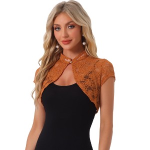 INSPIRE CHIC Women's Lace Stand Collar Pearl Button Short Sleeve Cropped Shrug - 1 of 4