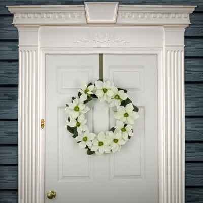 24" Cream Artificial Magnolia Wreath with Green Leaves