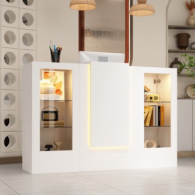 FUFU&GAGA Modern Display Cabinet Reception Desk with Tempered Glass and USB LED Strip