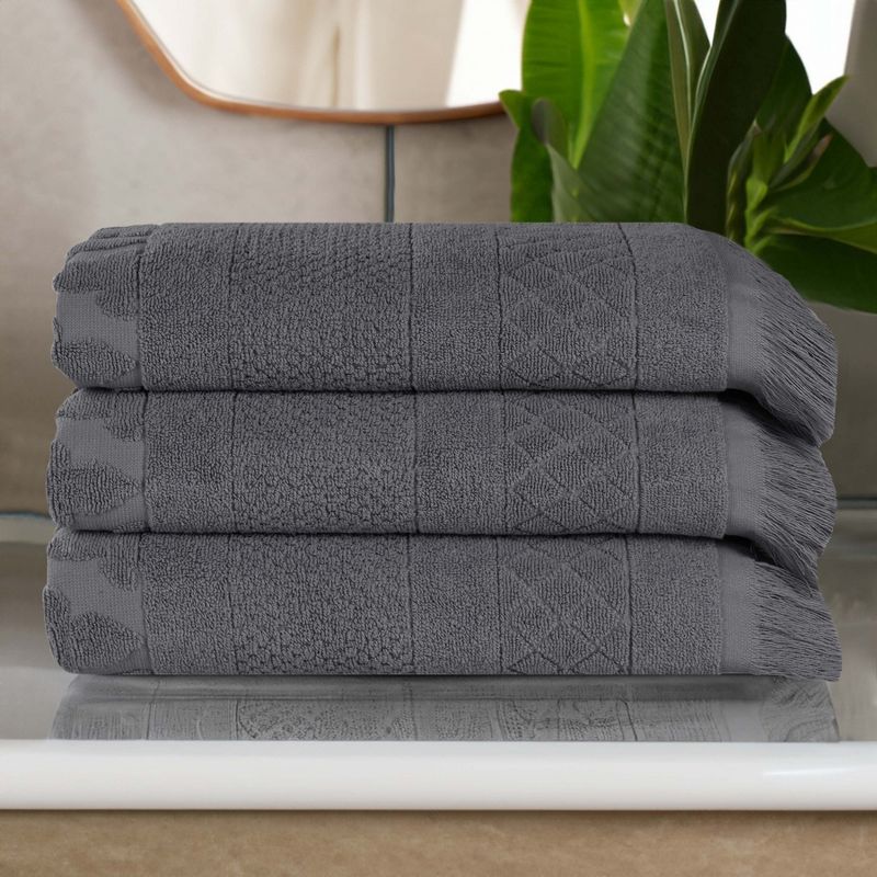 Cotton Geometric Jacquard Plush Soft Absorbent 3 Piece Bath Towel Set by Blue Nile Mills, 2 of 9