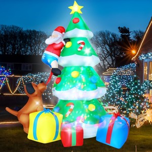 HOMDOX 5 × 4.6 × 7.7 FT Inflatable Christmas Tree Outdoor Decorations, Santa Climbing Tree Chased by Dog Built-in LED Lights with Gift Boxes Clearance - 1 of 4