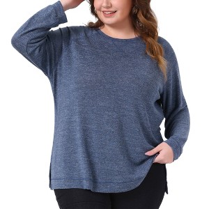 Women's Plus Size Crew Neck Long Sleeve Side Split Shirt Casual Ribbed Knit Blouse - Agnes Orinda - 1 of 4