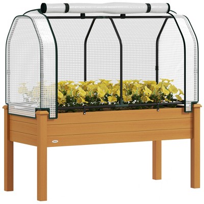 Raised Garden Bed with PE Greenhouse Cover Outdoor Elevated Wood Planter Box for Herbs, Vegetables, for Patio, Backyard, Balcony