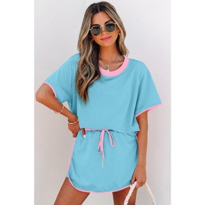 Turquoise Colorblock Edge Drop Shoulder T Shirt and Skort 2Pcs Set - 1 of 1