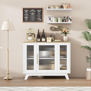 Jojoka 36 Vintage-Style Buffet Cabinet with Adjustable Shelves – Sideboard with Fluted Glass Doors and Gold Handles,Natural Top - 1 of 4