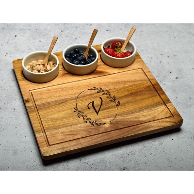 Picnic at Ascot Personalized Acacia Cheese Board/Charcuterie Platter w/Bowls & Spoons - 13" x 13", Letter - V, Brown