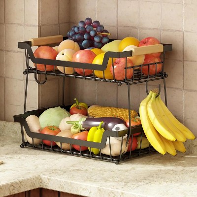 DOMETOUR 2 Tier Fruit Basket for Kitchen Counter, Metal Produce Organizer with Banana Hooks & Wooden Handles for Fruits & Veggies
