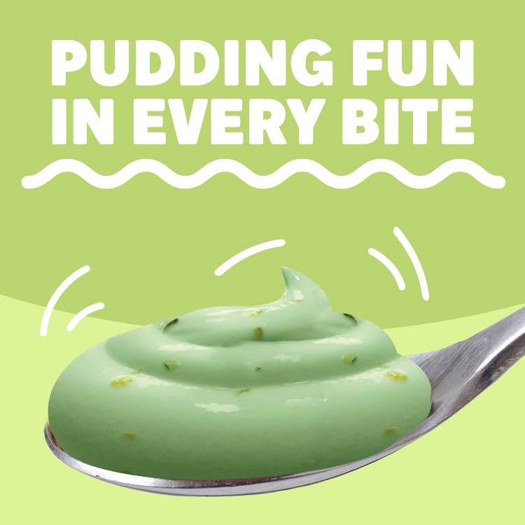 A spoonful of light green colored pudding with text above reading "PUDDING FUN IN EVERY BITE" on a green background.