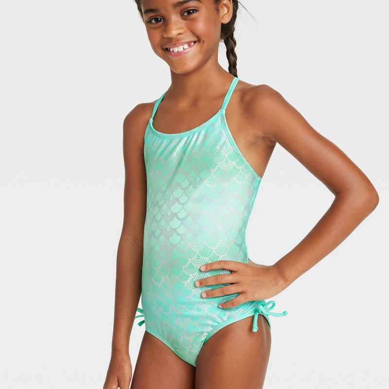 Girls' Fancy Scales One Piece Swimsuit - Cat & Jack™️ Light Teal Green, 2 of 4
