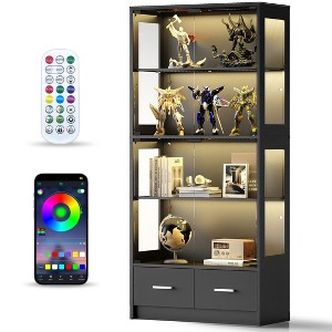 Skyzoo 5-Tier Glass Display Cabinet with LED Lights & Adjustable Shelves & 2 Drawers, Curio Cabinet for Home & Office, Black - 1 of 4