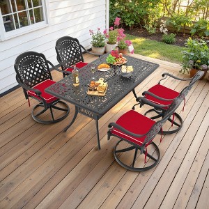 5-Piece Rectangle Cast Aluminum Outdoor Patio Dining Set with Swivel Chairs & Brown Cushions & Umbrella Hole - 1 of 4