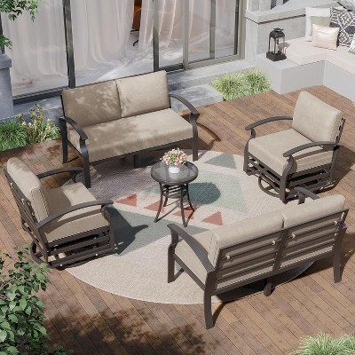 ALAULM Aluminum Patio Furniture Set Modern Metal Outdoor Conversation Sets w/45in Propane Fire Pit Table, Swivel Rocking Chairs w/5.1 Inch Cushion
