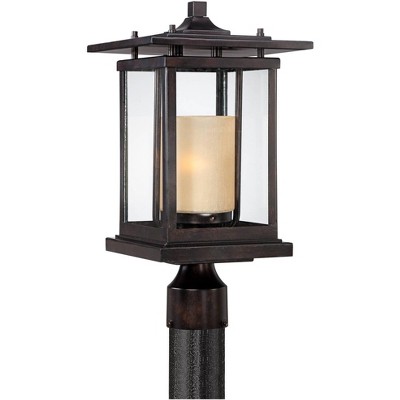 Franklin Iron Works Modern Outdoor Post Light Bronze Pagoda 17" Clear and Amber Frosted Glass for Exterior Garden Yard Patio