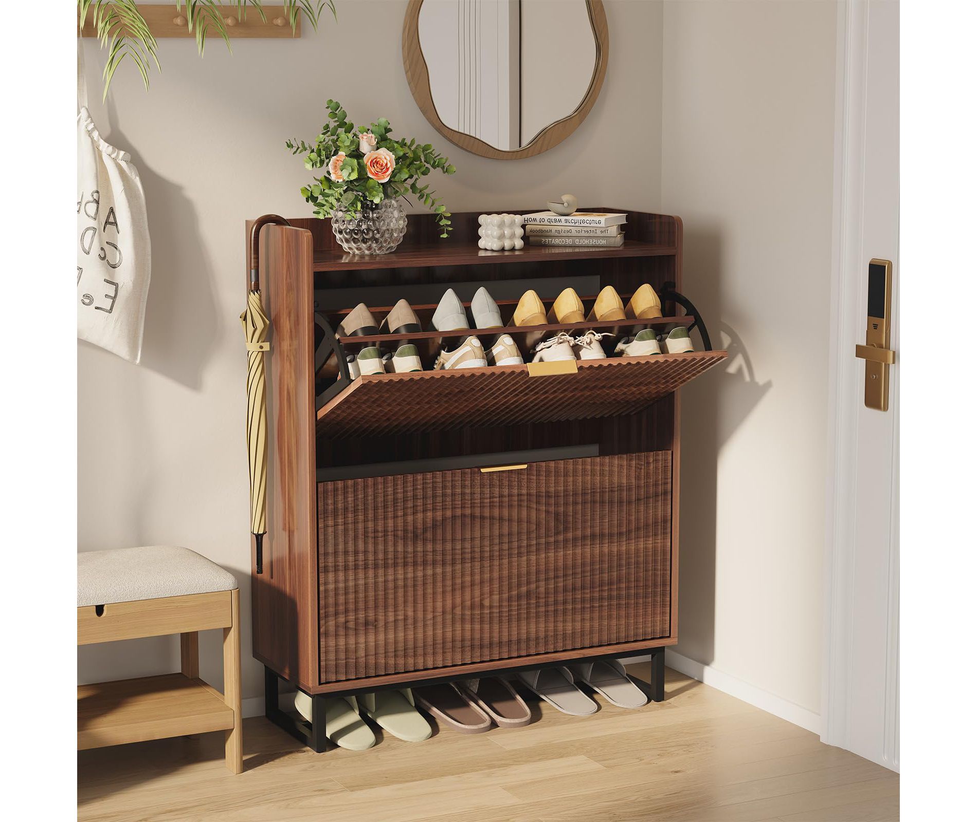 Shoe Storage Cabinet with 2 Flip Drawers, Narrow Wood Hidden Fluted Shoe Rack Organizer Cabinet for Entryway