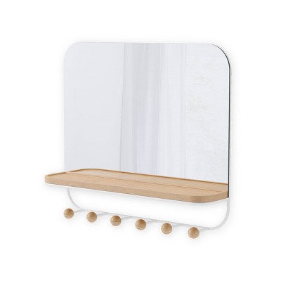 White Wood Rectangular Mirror with Hooks and Tray