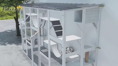 Large Wooden Outdoor Cat Enclosure with Shelves and Bridges