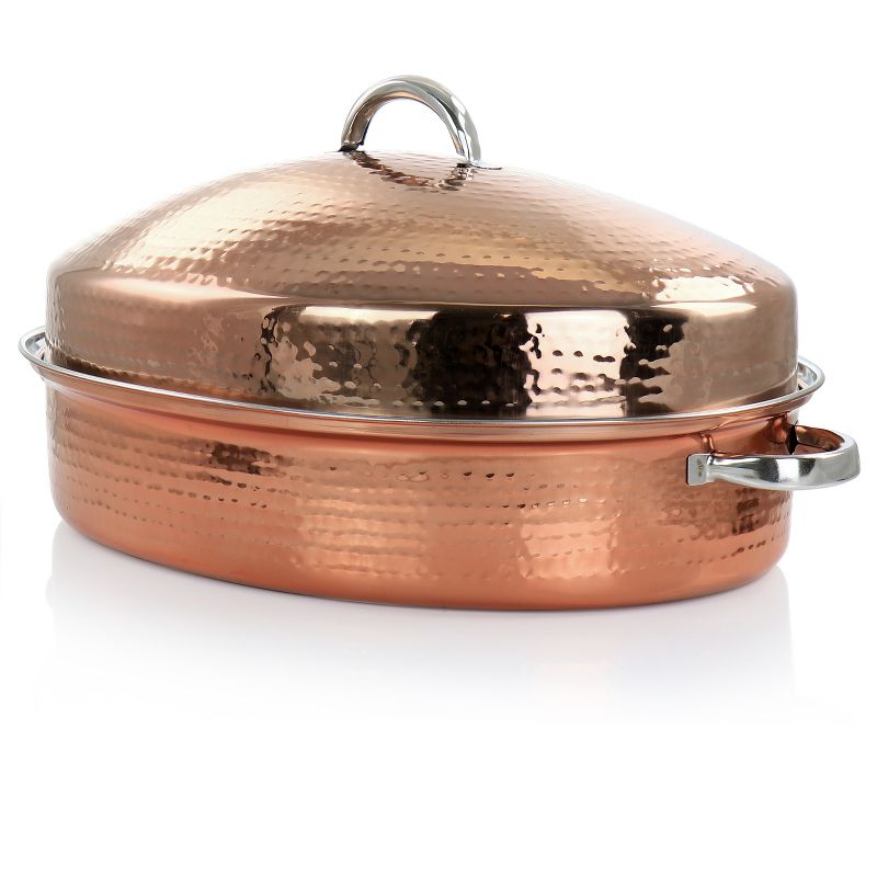 Gibson Home Radiance 17.5 Inch Stainless Steel Copper Plated Oval Roaster with Lid and Roasting Rack, 3 of 9