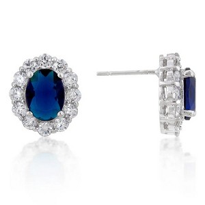 ShineHigh Royal Wedding Sapphire Earrings – Oval Blue Cubic Zirconia with Halo Setting and Rhodium-Plated Finish, Classic Studs with Butterfly Back - 1 of 1