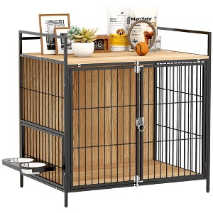 PawHut Dog Crate Furniture, 30 Inch Pet Kennel Furniture End Side Table with Rotatable Bowls, 2 Anti-Escape Doors, Top Storage Shelf, for M Dogs, Oak - 1 of 4