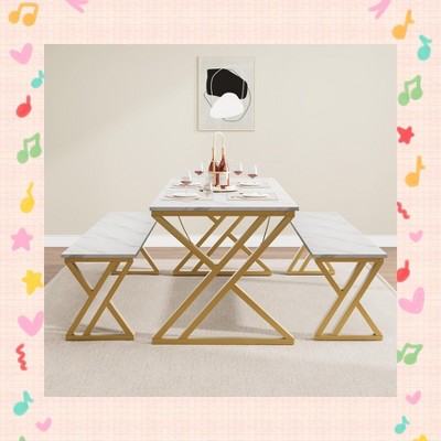 Garvee Kitchen Table with Benches - Dining Table Set for 4 Sturdy Metal Kitchen Table Set with X Metal Frame Saving Space Dining Room