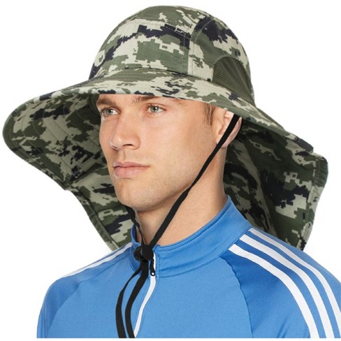SUN CUBE Wide Brim Sun Hat with Neck Flap, UPF50+ Hiking Safari Fishing Hat  for Men Women, Sun Protection Beach Hat (Green Camo)