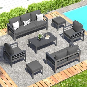 COWLOWN 7 Piece Black Aluminum Modern Outdoor Patio Furniture Set with Coffee Table and Dark Grey Cushions, Ideal for Balcony, Porch, Lawn and Yard - 1 of 4