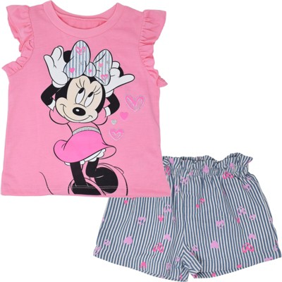 Image of Disney Minnie Mouse Infant Baby Girls T-Shirt and Shorts Outfit Set Pink/Blue 24 Months