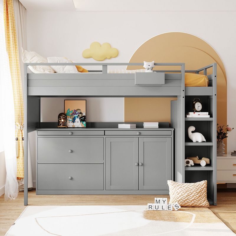 Twin Size Loft Bed with Rolling Cabinet and Desk-ModernLuxe, 2 of 14