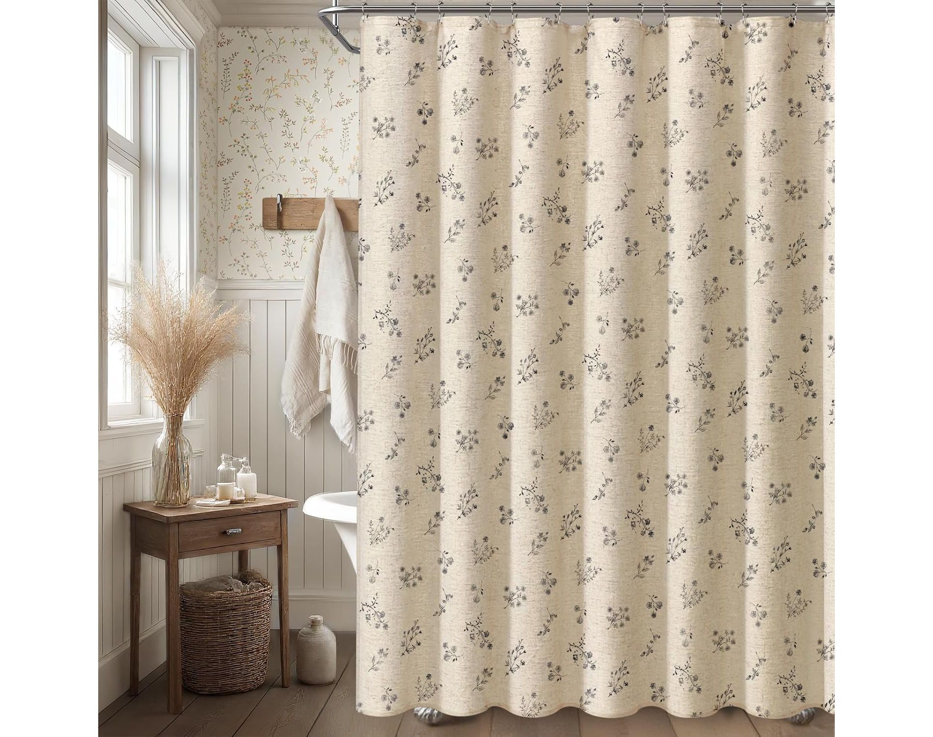 Black Floral Vintage Linen Shower Curtain, French Country Shower Curtains for Bathroom 70.8x70.8 Inch