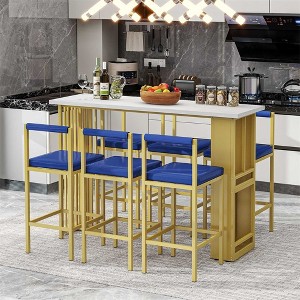7 Pieces Counter Height Table Set, Kitchen Table Bar Stools, Breakfast Table Set, With 6 Stools, Side Open Shelves, For Living Room - 1 of 4