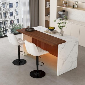 Modern Black Kitchen Island Dining Table with LED Lights and 2 Brown Bar Stools, Faux Marble Counter Height Set for Eat-in Kitchen-3irtyhousy - 1 of 4