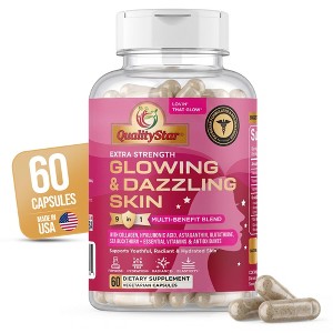 QualityStar Glowing & Dazzling Skin Supplement with Collagen, Hyaluronic Acid, Glutathione & Astaxanthin, 60 Capsules