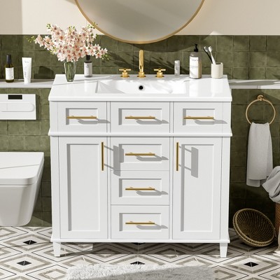 36"W Bathroom Vanity with Resin Sink, Bathroom Storage Cabinet with  4 Soft Close Drawers, 1 Adjustable Shelf, 2 Soft Close Doors, White-ModernLuxe