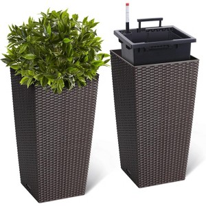 16 Inch Tall Planter Set of 2 Large Rattan Flower Pot with 2 Trays & a Water Level Monitor & Wheels Outdoor and Indoor for Patio,Porch - 1 of 4
