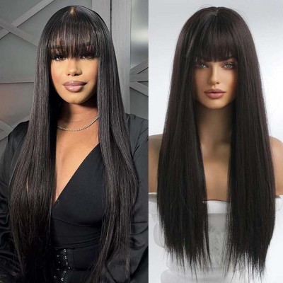 Jessie's Wig Long Straigh Wig With Bangs Blended Human Hair Wigs for Women Soft Smooth Natural Black 18-38 Inch