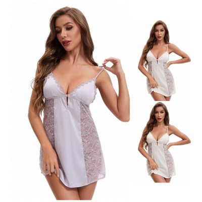 INSPIRE CHIC 3 Packs Women's Lace Mesh Deep V Spaghetti Strap Cami Chemise with Built-in Bra
