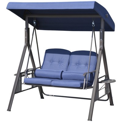 Dark Blue Metal 2-Person Patio Swing Chair with Adjustable Canopy