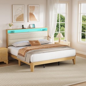 Bed Frame with RGB LED Light & Charging Station, 2-Tier Storage Headboard and Sturdy Wooden Slats Support - 1 of 4