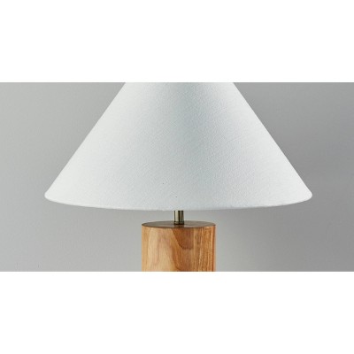 Antique Brass and Natural Oak Modern Table Lamp with White Shade