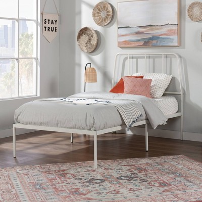 White Twin Metal Platform Bed with Headboard and Drawer