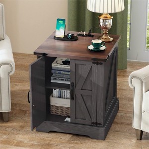 Whisen  Farmhouse End Table with Charging Station, Rustic Wood Nightstand with Adjustable Shelf - 1 of 4
