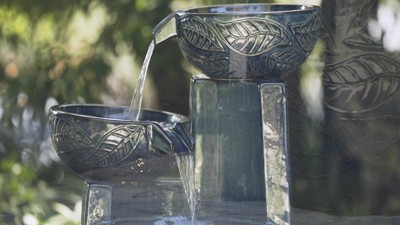 Midnight Blue Ceramic Cascading Bowls Outdoor Fountain with LED Light