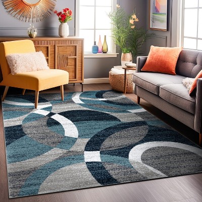 Blue Geometric Circles Stain-Resistant Area Rug 5'3" x 7'3"